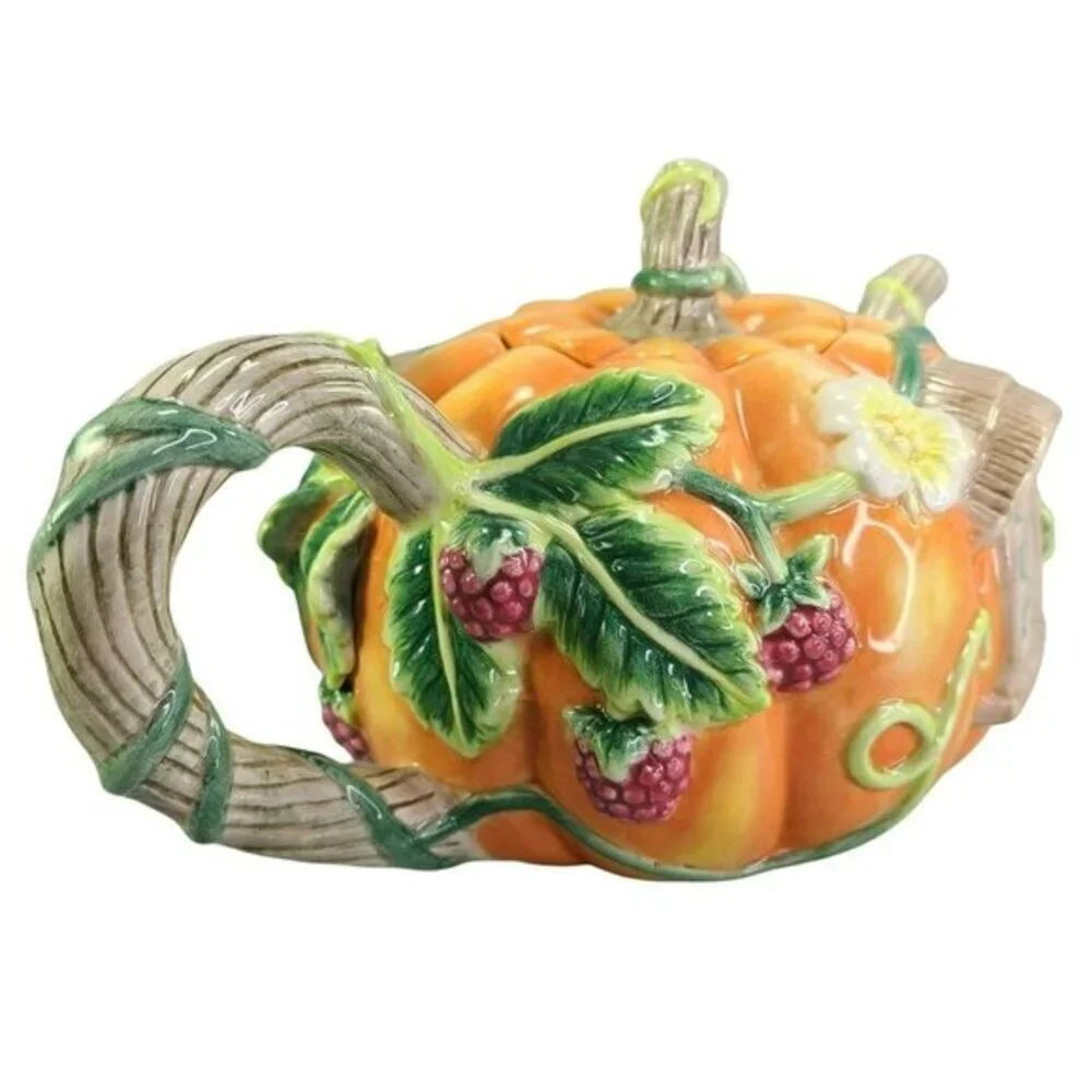 Fitz‎ and Floyd Teapot Its Harvest Time Embossed Handpainted Pumpkin House READ